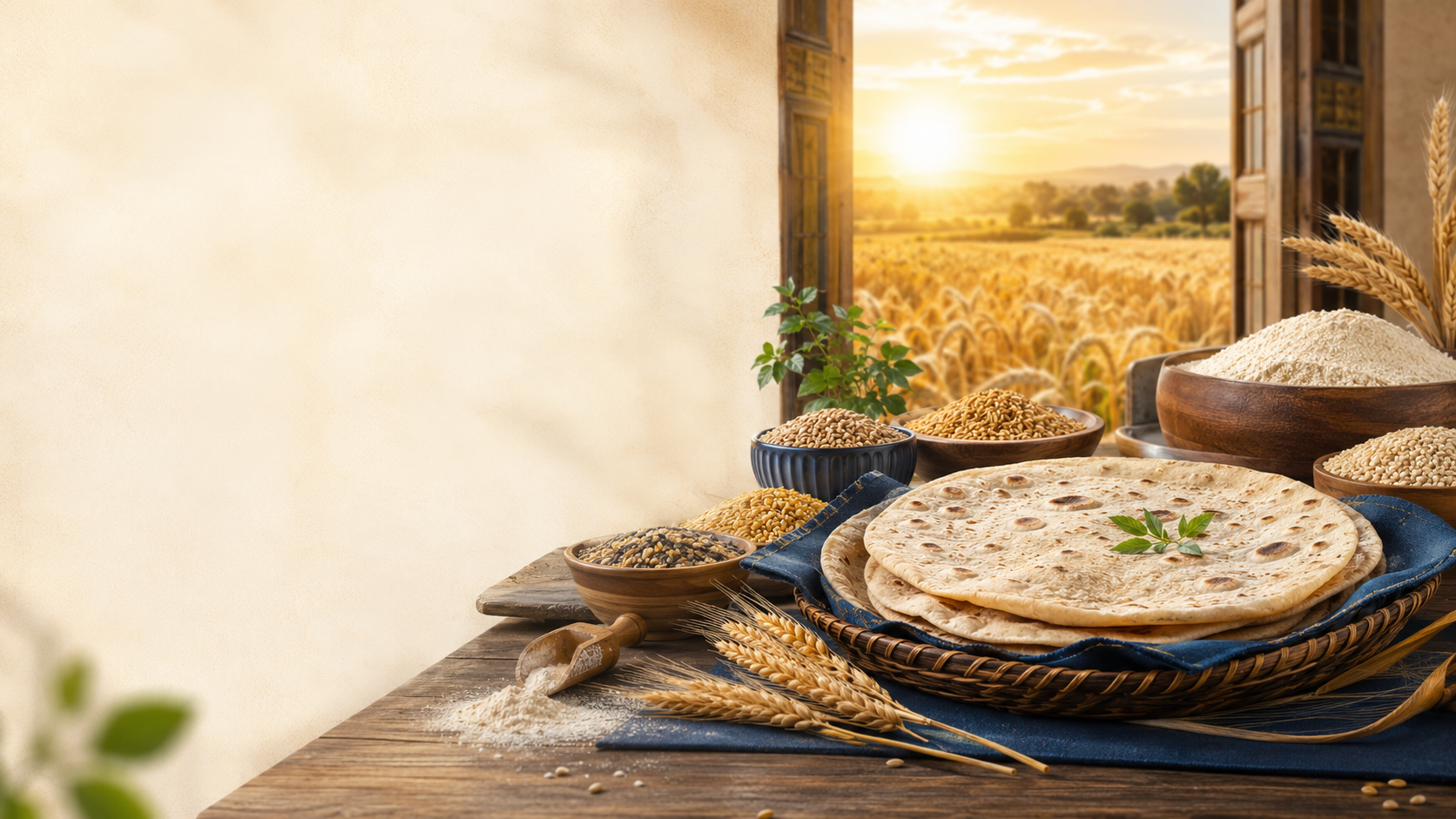 تازہ گھریلو روٹی، قدرتی اناج اور سنہری گندم کا کھیت